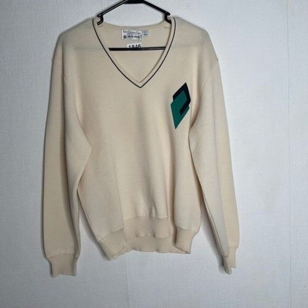 VTG St. Croix Knit Zephyr Wool V-Neck Sweater Men Size L Ivory Old Money Academi